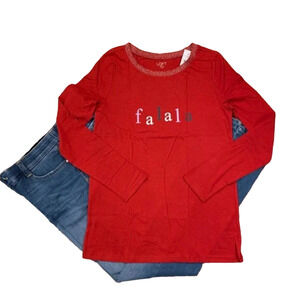 **NWT LOFT Red W/Christmas Fa La La Long Sleeve Cotton Tee